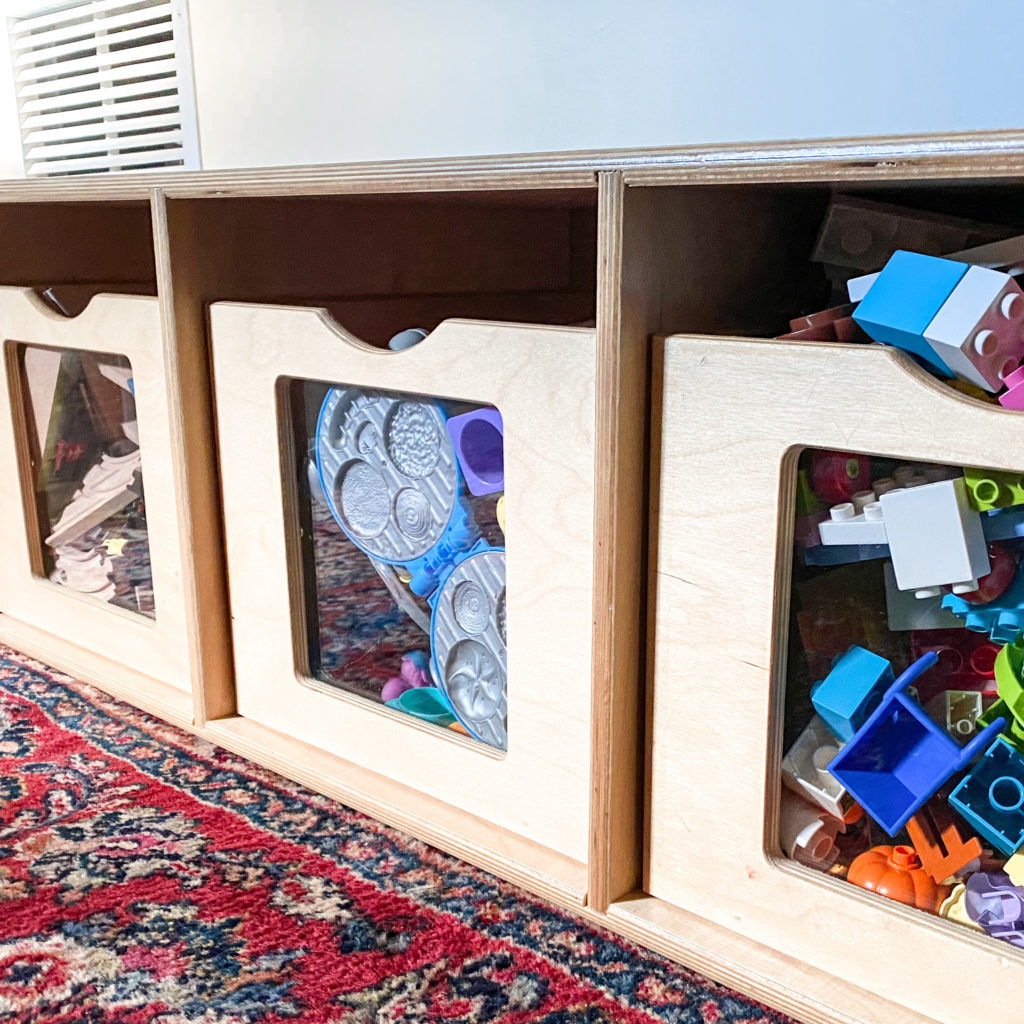 Cubbies for toy storage at an angled view